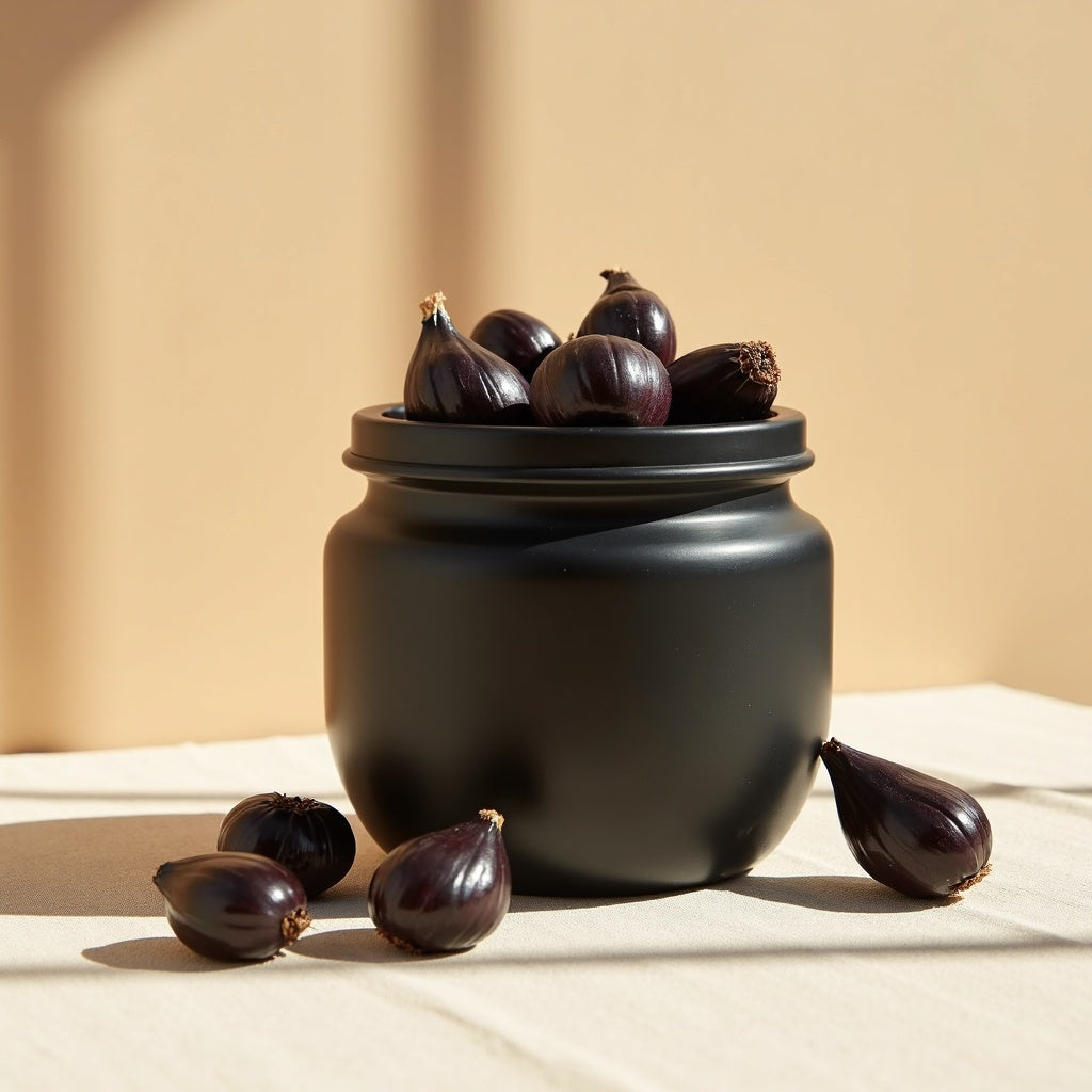 A matte black jar of FANG black garlic with whole bulbs beside it on cream linen