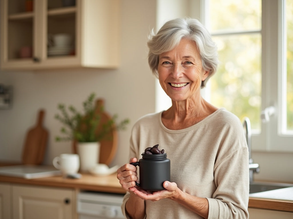 A woman in a sunlit kitchen holding a jar of FANG black garlic