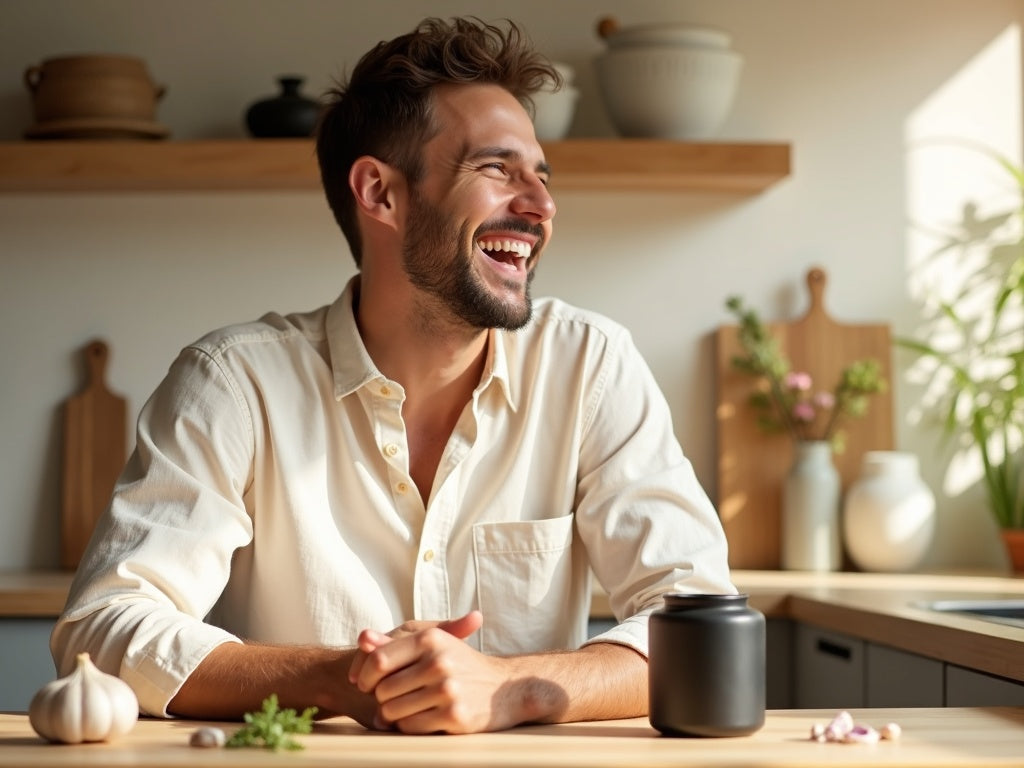A man laughing at a kitchen bench with an open jar of FANG black garlic