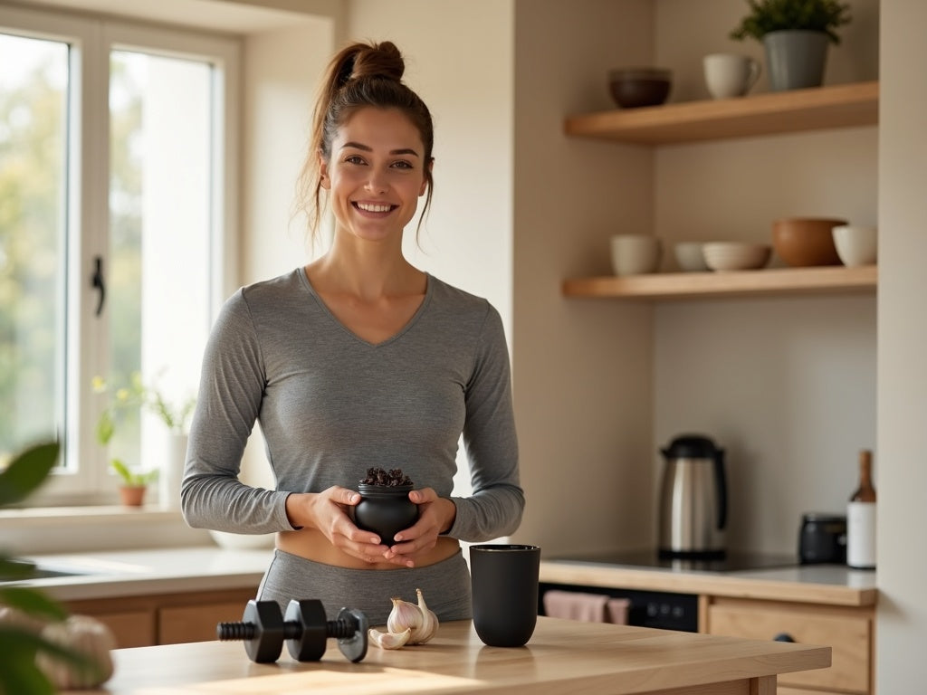 Someone holding a jar of FANG black garlic beside a coffee cup after a workout