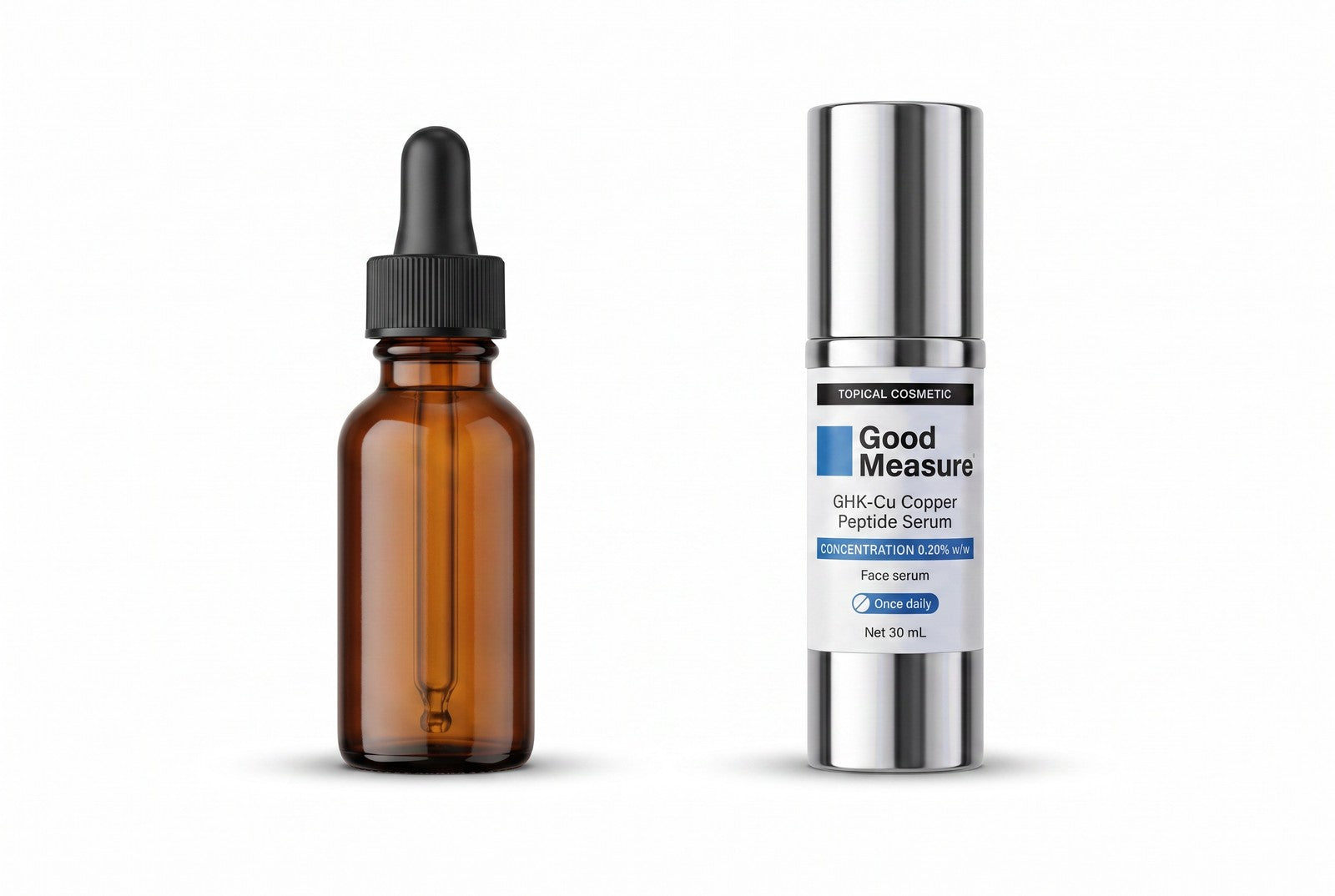 An amber glass dropper bottle beside the Good Measure airless pump bottle
