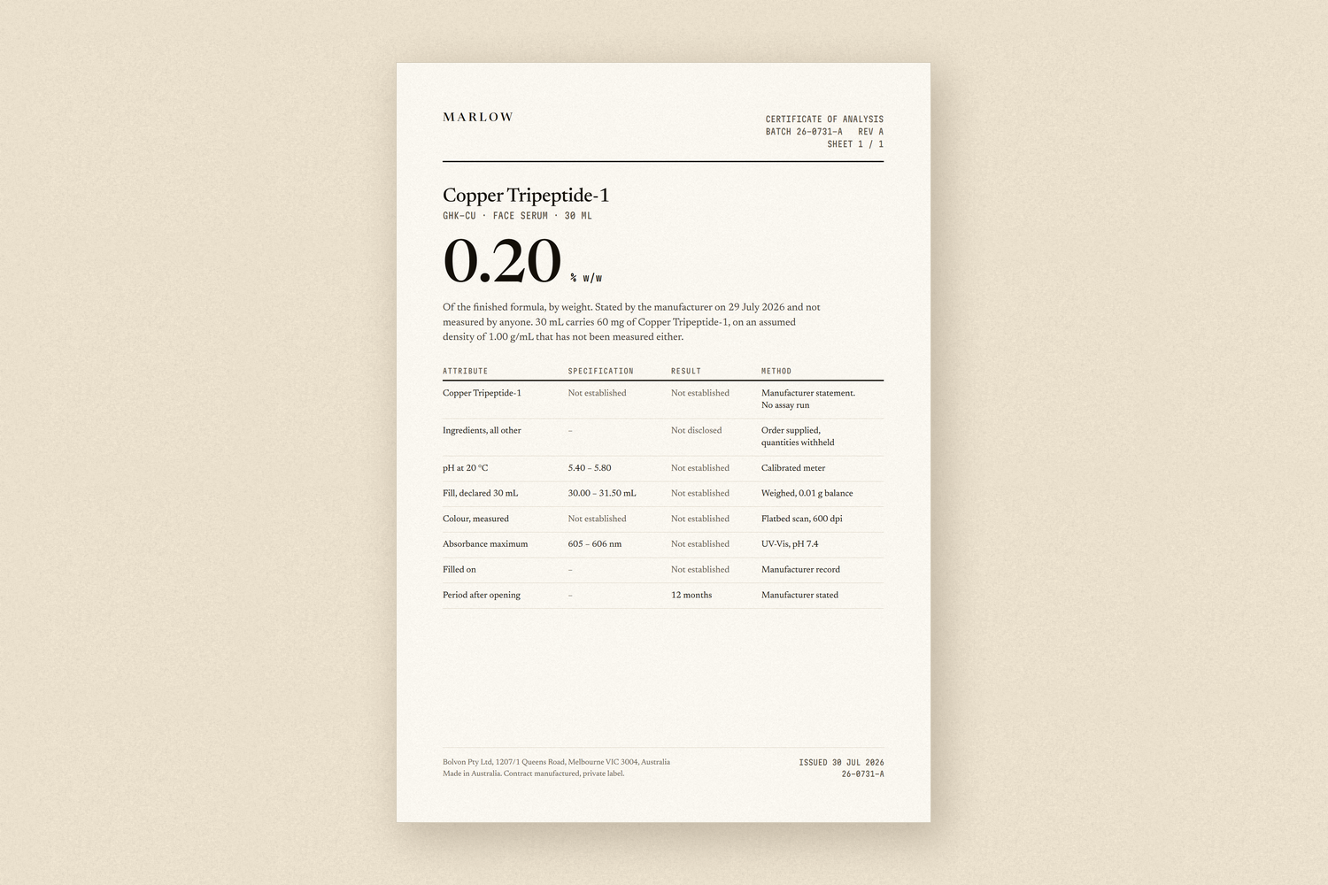 The A5 certificate of analysis for batch FIRST-FIFTY-A.