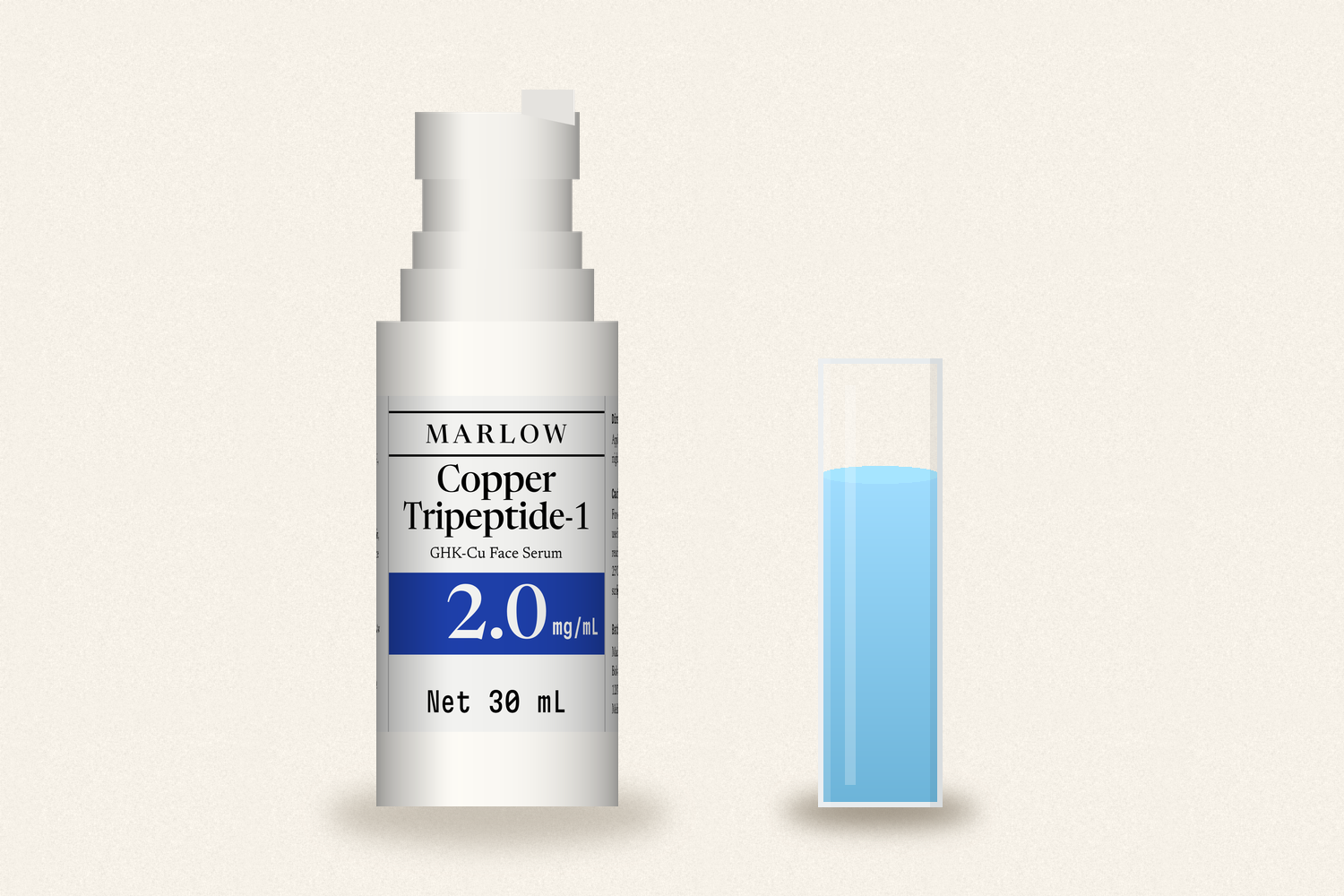 The bottle and a 10 mm cuvette of the serum, on one ground.